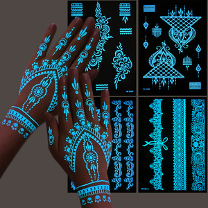 Longs autocollants lumineux sexy en <span class=keywords><strong>dentelle</strong></span> à la main au henné brillent dans le noir tatouages temporaires pour les femmes - Product Image 5