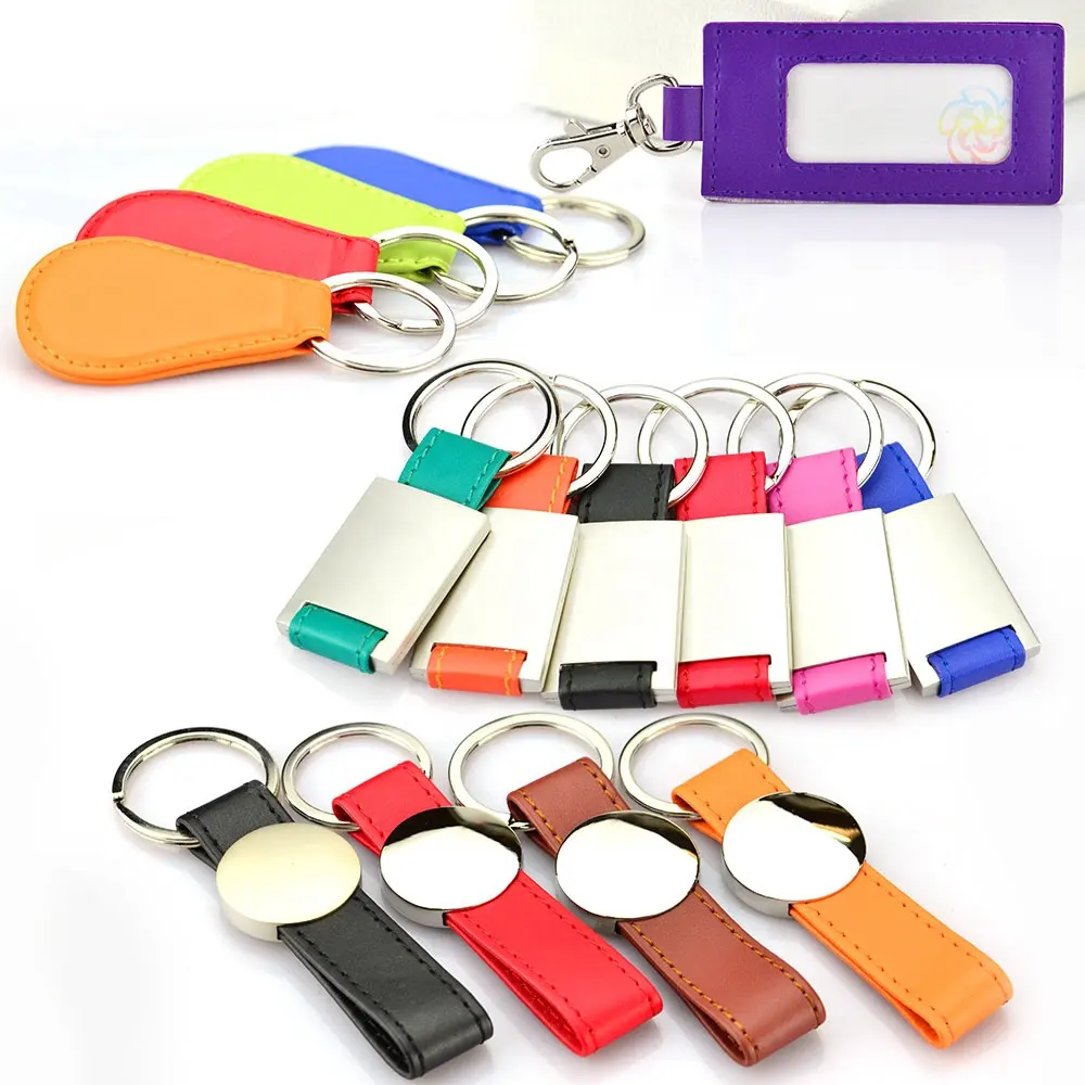 China Wholesale Custom Logo Metal and Leather Car Key Tag Chain Round Key Ring Keyring Pu Leather Keychains