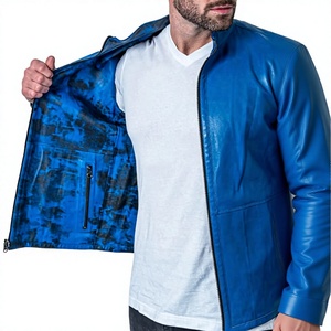 <b>LONG</b> MISSION INDUSTRY Men's Blue <b>Leather</b> <b>Jacket</b> Mandarin Collar Zipper Closure Casual Slim Fit Solid Color Regular Length Winter - Product Image 6