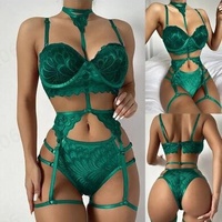 Ensemble de lingerie sexy trois pièces TJ en spandex avec porte-jarretelles et dentelle, col licou, vente directe usine