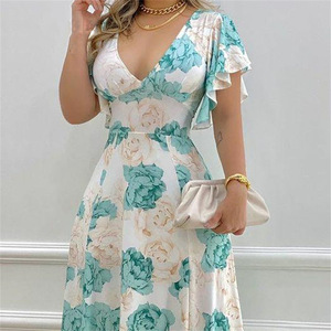 Nouvelle robe longue décontractée d'été pour femmes, sexy, à col en V, taille empire, broderie florale en dentelle, tissée, style swing - Product Image 5
