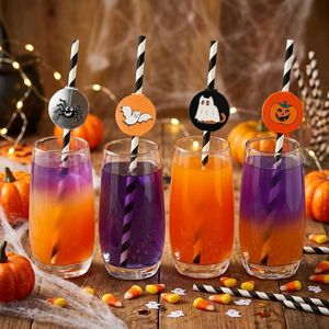 Pailles rigides réutilisables en papier rayées orange et noires, 4 styles, pour Halloween, enterrement de vie de jeune fille, fournitures et cadeaux de <span class=keywords><strong>fête</strong></span> - Product Image 2