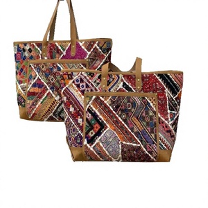 Sac fourre-tout bohème en toile avec broderie géométrique, deux poignées, fermeture éclair, multicolore, sac à bandoulière pour femme, doublure en coton - Product Image 1
