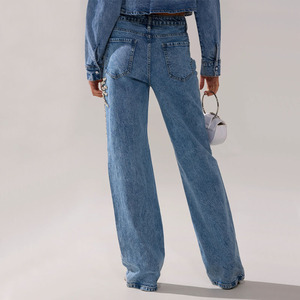Giacca in Denim lavata classica a maniche lunghe personalizzata Casual a vita alta <span class=keywords><strong>con</strong></span> <span class=keywords><strong>pantaloni</strong></span> in Denim a gamba larga a due pezzi - Product Image 6