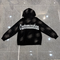 Sweat à capuche noir délavé pour homme, manches ornées de strass, pull personnalisé, poche kangourou, style streetwear oversize, fournisseurs, fabricants, vente en gros