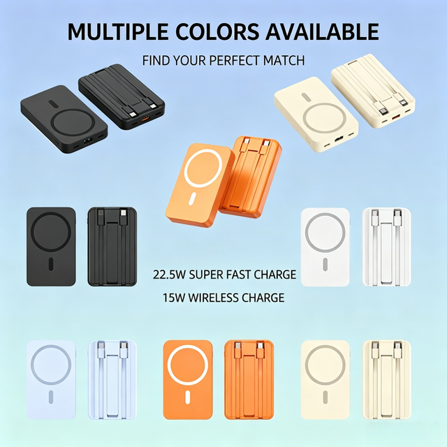 10000mAh Magnetic Charging Battery 22.5W/15W Fast Charging Wireless & Type-C Portable Power Bank with Built-in Cables and Stand