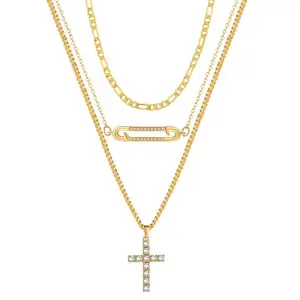 Großhandel Mode Hals Schmuck für Frauen Multi 3 Schichten Goldkette Micro Pave Diamond Cross Messing Anhänger Halskette