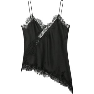 FOXA Women's Satin Lace Trim Asymmetrical Camisole Spaghetti Strap V-Neck Club Dressy <b>Silky</b> <b>Top</b> - Product Image 1