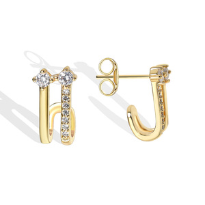 Pendientes Blancos de Doble Capa, Diseño Hueco en Oro Genuino de 18K, con Circonitas Blancas, Unisex, Gran Venta - Product Image 3