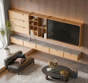 Contemporary Wood-Tone Integrated <b>TV</b> <b>Stand</b> - Stylish Living Room Furniture with Gold Accents & LED Grid Storage - Product Image 4