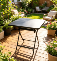 Table d'extérieur moderne pliable et étanche, plateau carré en fer, diamètre 60cm 80cm, fer trempé noir sérigraphié, pour cour