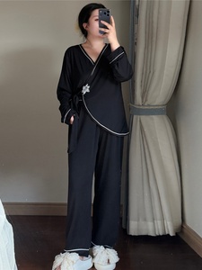 Conjunto de Pijamas de Manga Longa para Mulheres Tamanho Extra Grande, V-neck, Sólido, para 1-150kg, Roupas Confortáveis para Casa, Cardigan Solto - Product Image 2