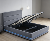 Cadre de lit moderne rembourré en lin avec vérin à gaz, éclairage d'ambiance LED et sommier à lattes, disponible en tailles King et Queen, mobilier de chambre