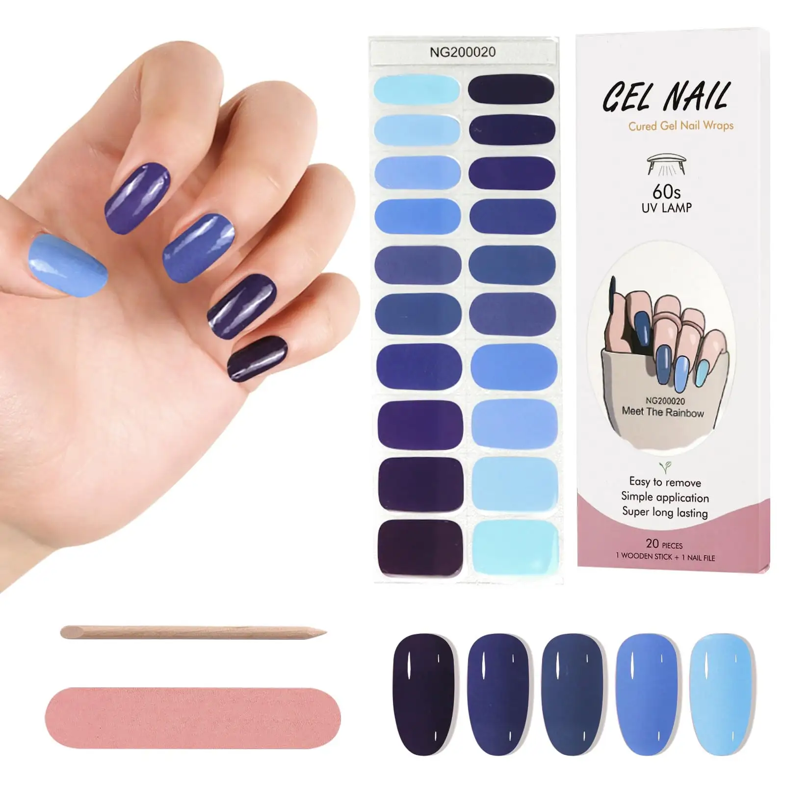Blue Gradient Color Semi Cured Gel Nail Wraps 20 Stickers NG200020 Uv Gel Nail Wraps