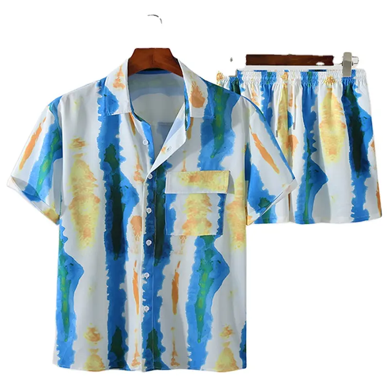 Мужской комплект из 2 предметов, Повседневная рубашка с коротким рукавом и шорты в полоску, пляжный костюм для отпуска, гавайский костюм для вечеринки, на лето