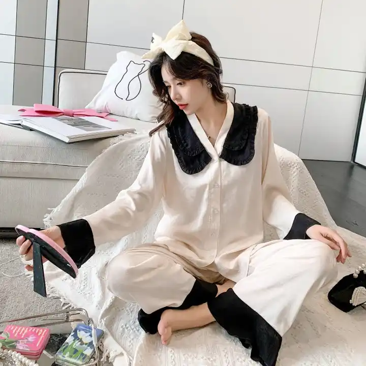 Wholesale Spring and Autumn Women's Silk sleepwear V-neck jacquard ice silk  long sleeve night suit lady's nightgown Korean home pajamas From  m.