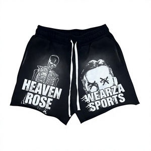 Shorts streetwear pour homme en molleton de coton à imprimé graphique, motif squelette et crâne, noir délavé effet soleil, taille élastique avec cordon de serrage - Product Image 1