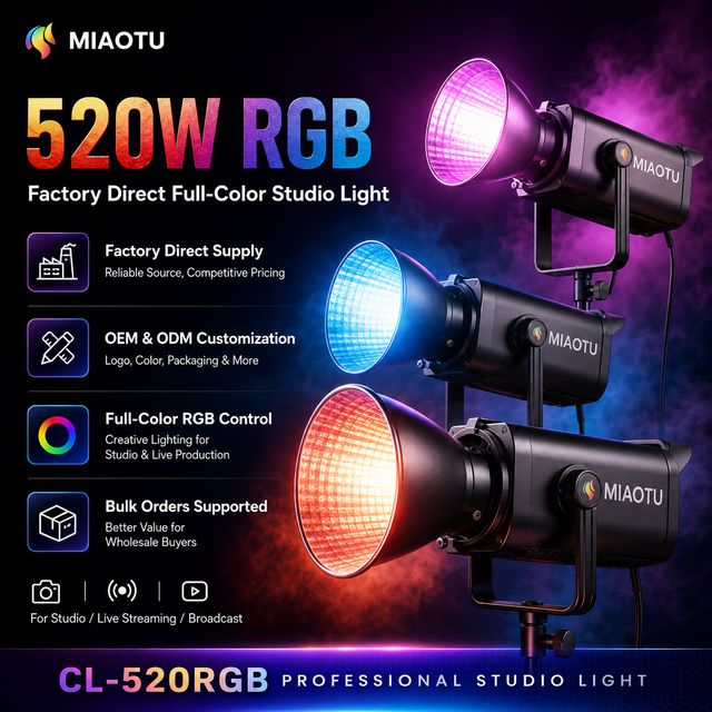MIAOTU Factory Direct CL500W RGB COB LED Studio Light 2700-6500K CRI97 App Control Photography Video Light