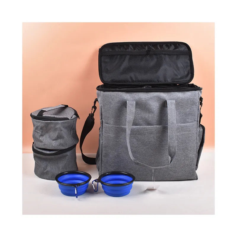 Tas Organizer anjing portabel besar, tas perjalanan hewan peliharaan untuk perlengkapan makanan anjing peliharaan dengan mangkuk lipat