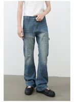 Jean déchiré délavé micro-évasé pour homme, style rétro américain, coupe droite ample, pantalon en denim décontracté, ambiance bûcheron, tendance