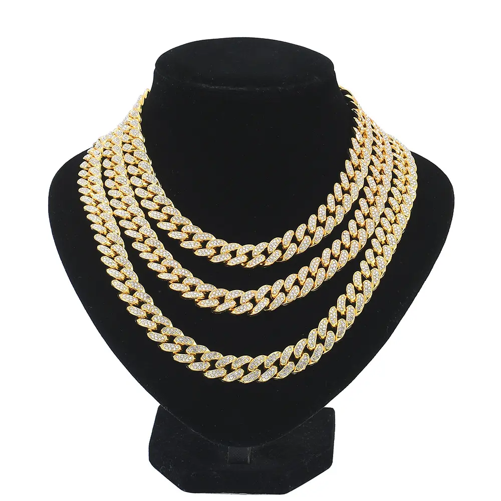 Hip-hop Trendy Cuban Chain With Diamonds 13mm Full Diamond Men And Women Hip Hop Gold-Plated Necklace Stone Necklace