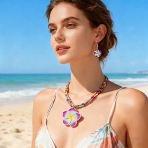 Conjunto <span class=keywords><strong>de</strong></span> Collar y Aretes con Flores Hawaianas, Aretes Colgantes <span class=keywords><strong>de</strong></span> Flores Bohemias para Mujer, Joyería <span class=keywords><strong>de</strong></span> Verano para Vacaciones en la Playa - Product Image 6