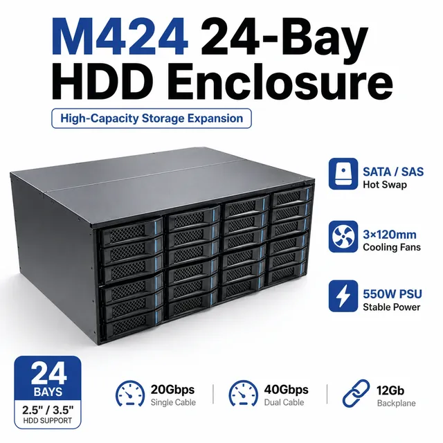 M424 24 Bay HDD Enclosure DAS Storage Case 2.5 3.5 SATA SAS Hot Swap Disk Expansion Cabinet 12Gb Backplane 550W PSU