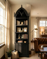 Ensemble bibliothèque gothique en bois massif noir, style vintage, avec bureau d'écriture et fauteuil en cuir