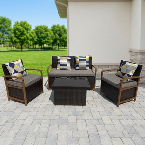 Ensemble de jardin et de terrasse 4 pièces en rotin d'acacia moderne de qualité supérieure, avec plateau de table réglable KD et coussins gris imperméables pour l'extérieur - Product Image 1