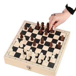 Jeu de société pliable International Chess Checkers Tic-Tac-Toe dans un ensemble en bois avec emballage de boîte en bois pratique - Product Image 4