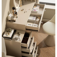 Ensemble de coiffeuse minimaliste style crème entièrement en métal, cadre laqué sans formaldéhyde, miroir à LED annulaire, commode à six tiroirs
