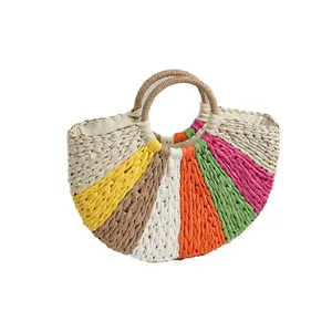 Straw Bag Summer Beach Fashion Handbag For Women Straw Custom Packaging Bag Logo Rainbow Design Handbag