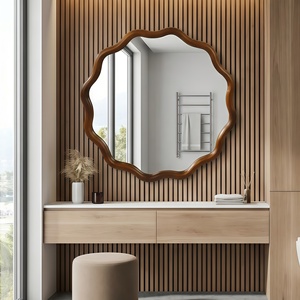 Black Walnut Color 36 Inch Wavy Round Solid Wood <b>Frame</b> Decorative <b>Mirror</b> For Bedroom Bathroom Living Room Entryway - Product Image 4