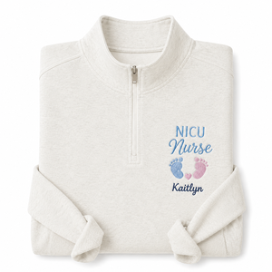 Pull personnalisé pour infirmière de soins intensifs néonatals (SIN) brodé, col montant, quart de zip, hiver/automne - Product Image 4