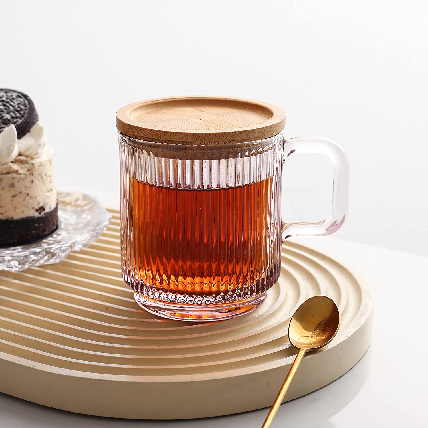 Pink Glass Coffee Mug with Lid  Premium Classical Vertical Stripes Glass Tea Cup 12.5oz