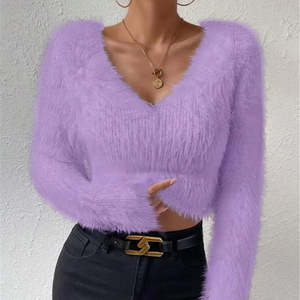 Haut court <span class=keywords><strong>sexy</strong></span> et décontracté pour femmes, mini <span class=keywords><strong>pull</strong></span> à manches longues, <span class=keywords><strong>pull</strong></span> en tricot, chandails en acrylique uni de style formel - Product Image 1