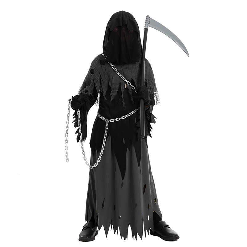 Costume Mietitore (Tristo Mietitore) Per Bambini - Set Da 2 Pezzi Con Tunica Nera Con Cappuccio E Falce Giocattolo Regolabile, Taglie 7-9 E 10-12 Anni