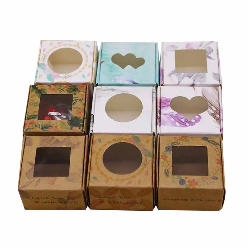 Handmade gifts package box with window white/kraft print marbling flower pattern soap wedding favors box