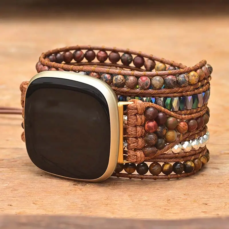 Exclusive Tiger-eye Stone FitbitVersa 3 Watch Band Bracelet 5 Layers Wax Rope Natural Stone Smart Watch Strap Wholesale