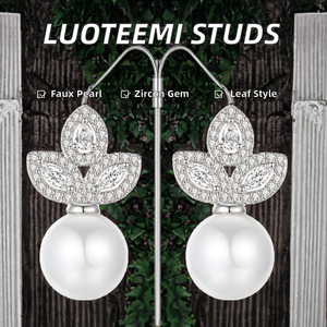 ต่างหูมุกประดับเพชรซิร์คอนเล็กๆ สไตล์เกาหลีสุดหรูหราทันสมัยสำหรับผู้หญิง LUOTEEMI ขายดี พร้อมตัวเรือนชุบโรเดียมรูปใบไม้ - Product Image 3