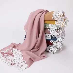 2022 New Pearl Chiffon Malaysia Fashion Splicing White Flower Lace Scarves Chiffon Veil Cheap Wholesale