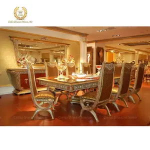 French dining room furniture luxury golden wooden dining table set 8 seat