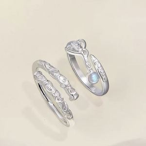 Silver Plated <b>Couple</b> <b>Ring</b> Moonlight Stone Personality Wedding Finger Jewelry for Women M Opening <b>Ring</b> Long Distance Lover Gift - Product Image 1