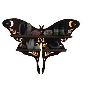Handmade Luminous Butterfly Wood Shelf Crystal Essential Oil Storage Rack Wall Display Living Room Decorative Rack Luna Moth