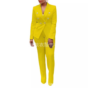 Ensemble de costume jaune croisé pour femme, pantalon à manches longues, couleur unie, tenue de travail décontractée, tailles européennes et américaines S M L XL XXL XXXL - Product Image 1