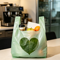 Sacs en plastique jetables en forme de cœur à motif de feuilles vert clair, sacs de courses imperméables, sacs de transport alimentaire, vente en gros