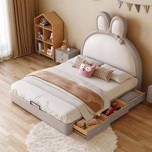 2026 고급 가죽 어린이 침실 가구 토끼 만화 침대 디자인 가죽 소녀 공주 침대 소년용 - Product Image 3