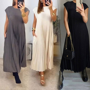 <span class=keywords><strong>Abito</strong></span> Lungo Casual Tinta Unita con Collo Rotondo Senza Maniche Arricciato Spedizione Rapida Primavera Estate Abbigliamento Quotidiano da <span class=keywords><strong>Donna</strong></span> per Esterno - Product Image 2