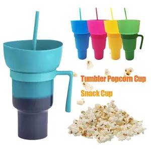 2 In 1 Snack And Drink Cup Popcorn Snack Drink Cup Large Capacity Plastic Stadium Tumbler With Handle And Straw