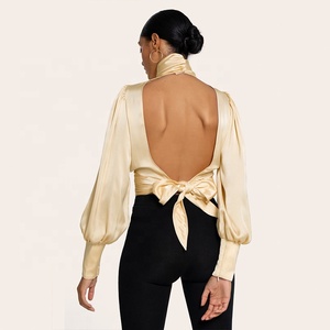 <span class=keywords><strong>Blusa</strong></span> de Satén para Mujer, <span class=keywords><strong>Espalda</strong></span> Descubierta con Lazada Ajustable, Estilo Nocturno, Color Champán, Manga Larga con Volantes, Satén de Poliéster - Product Image 4